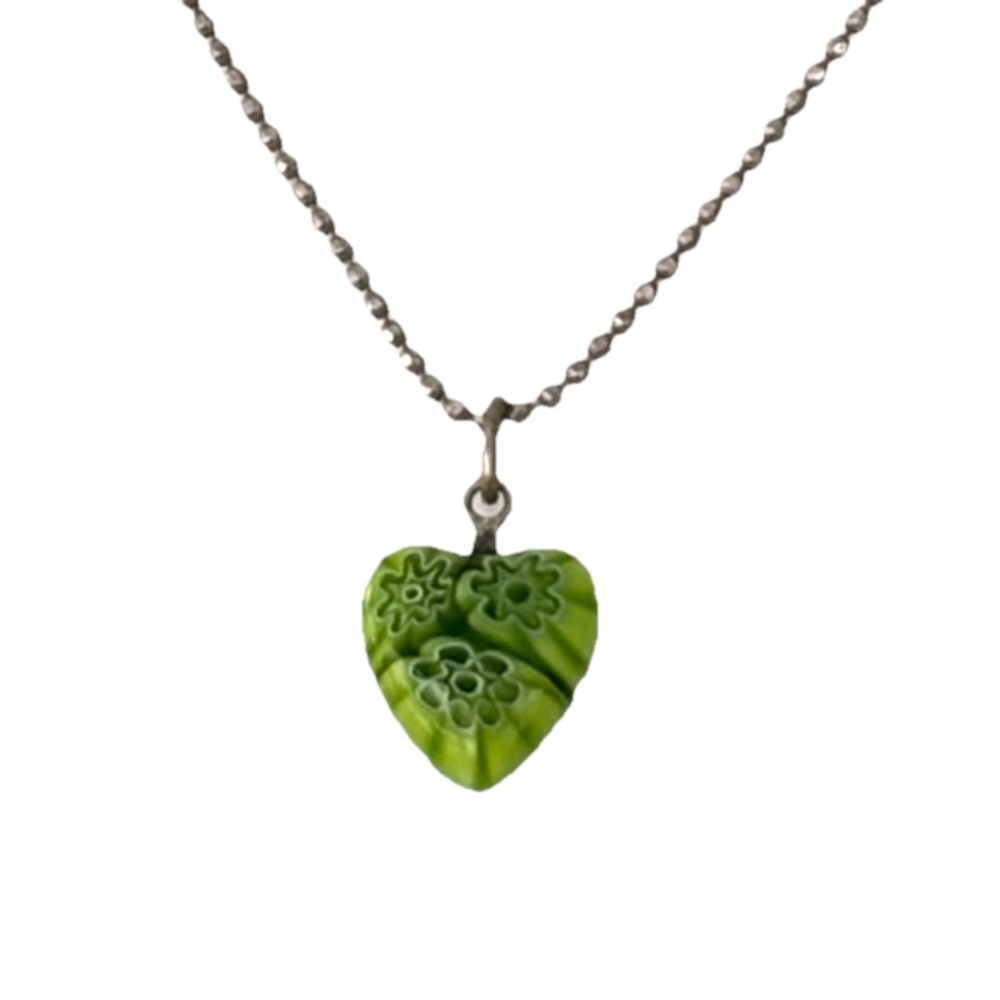 Millefiori Green Glass Heart Pendant Silver 925 Chain Marked Italy